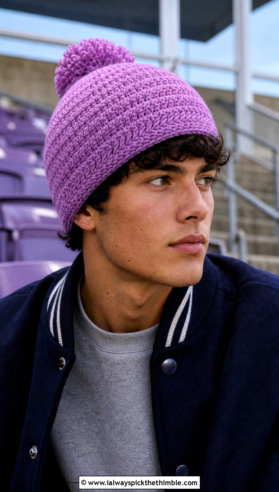 Pom Pom Crochet Beanie With Varsity Jacket - 25 men's crochet hat outfit ideas