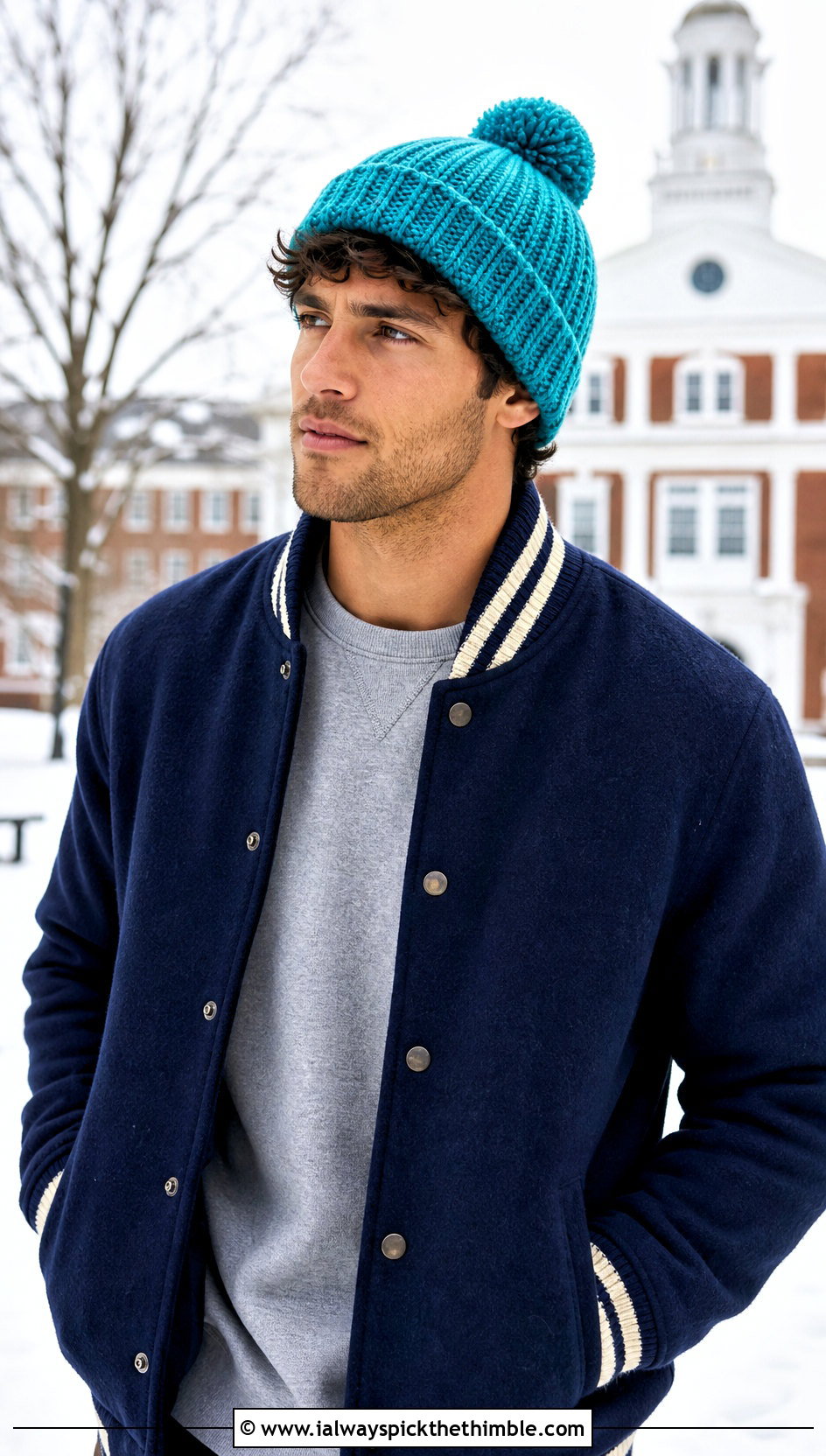 Pom Pom Crochet Beanie With Varsity Jacket - 25 mens crochet hat outfit ideas