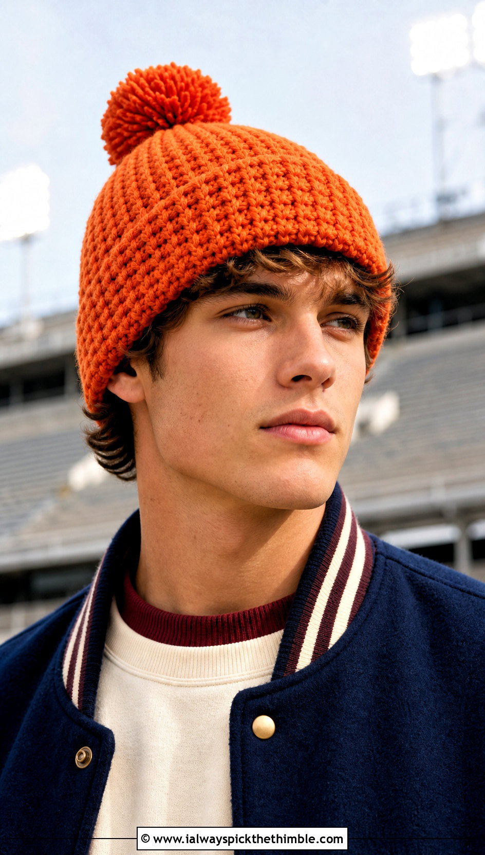 Pom Pom Crochet Beanie With Varsity Jacket - 25 mens crochet hats outfit ideas