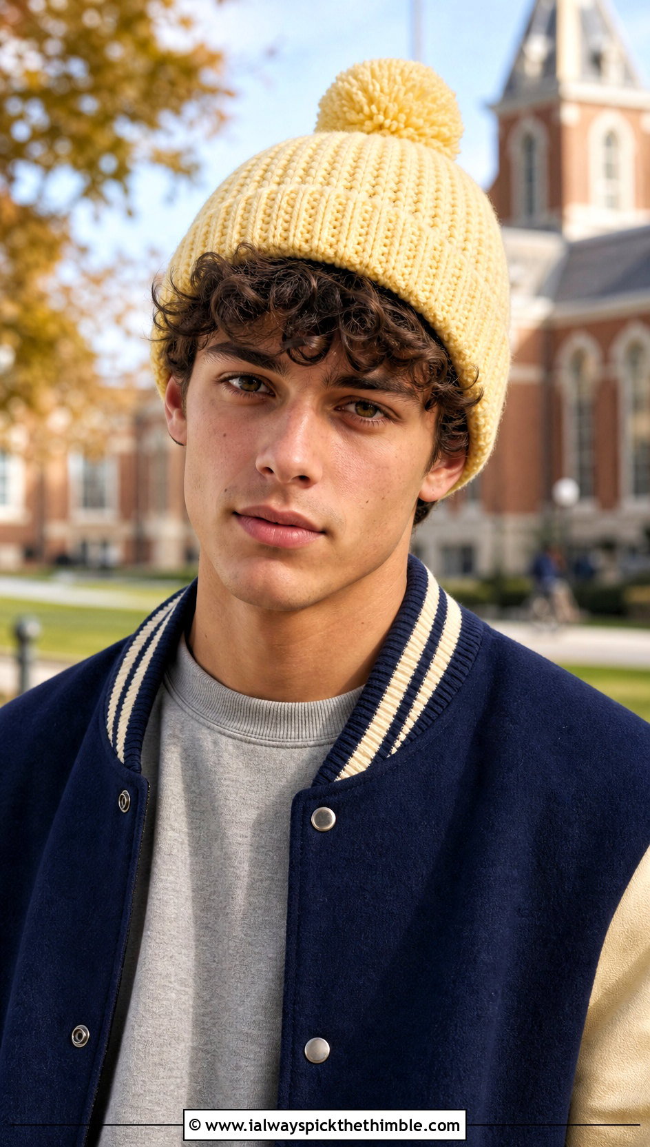 Pom Pom Crochet Beanie With Varsity Jacket - 25 crochet hats men outfit ideas
