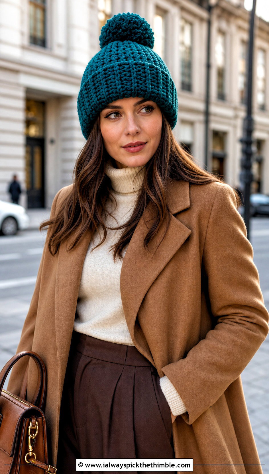 Pom Pom Crochet Beanie With Wool Coat And Wide Leg Trousers - 20 bulky yarn crochet beanie outfit ideas