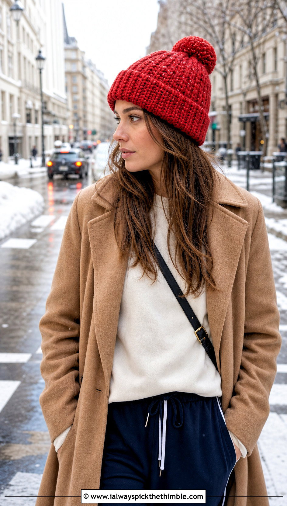 Pom Pom Crochet Beanie With Wool Coat and Track Pants - 15 Tiktok Crochet Hat outfit ideas