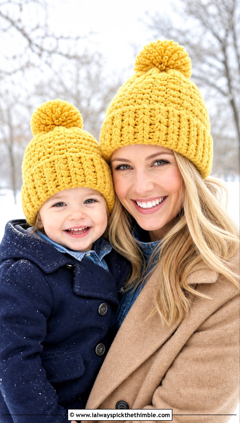 Pom Pom Crochet Beanie With Wool Coats And Jeans - 20 crochet mommy and me hats outfit ideas