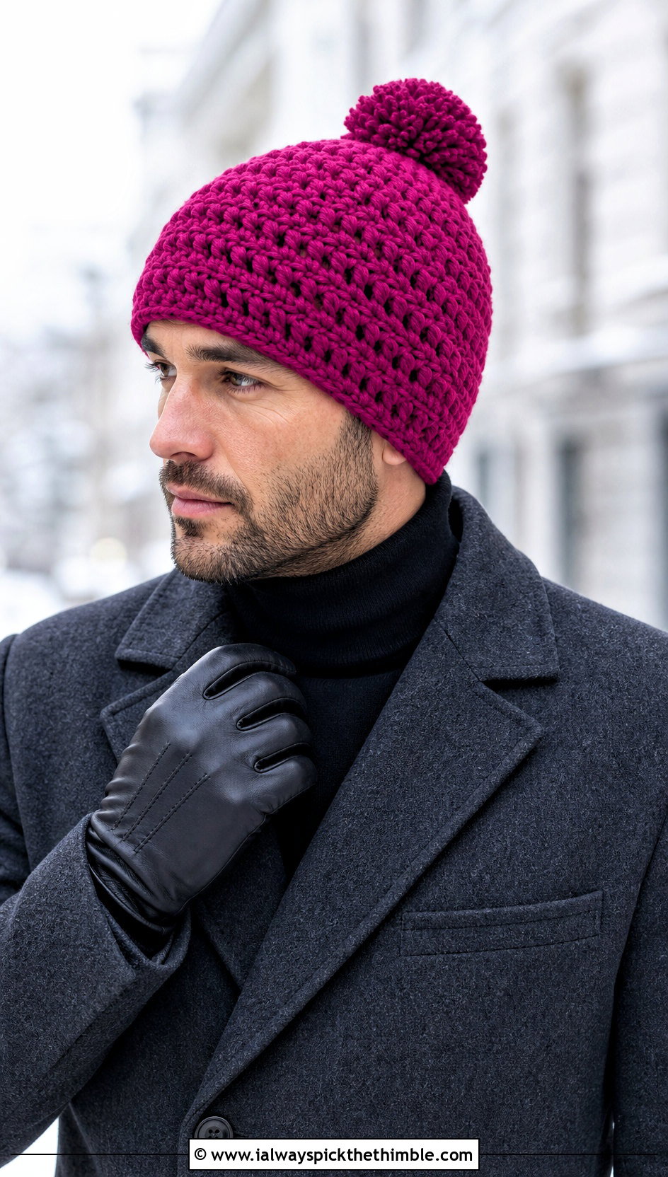 Pom Pom Crochet Beanie With Wool Overcoat - 15 Crochet Men's Hats outfit ideas