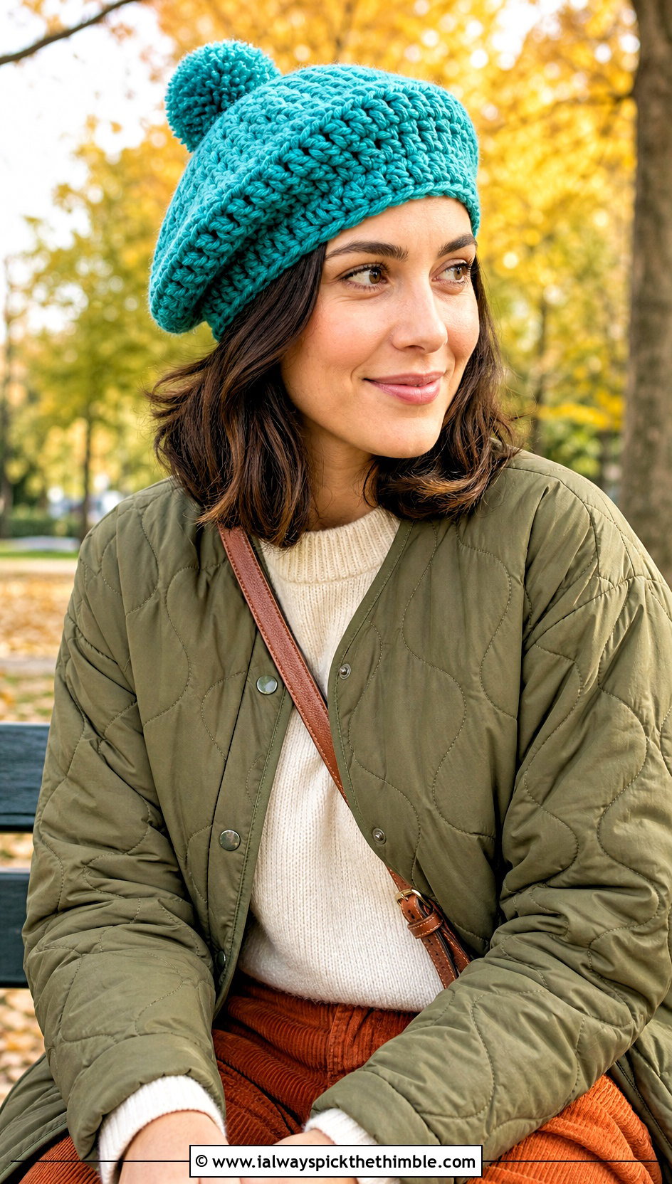 Pom Pom Crochet Beret Hat With Quilted Jacket - 20 crochet beret hat outfit ideas