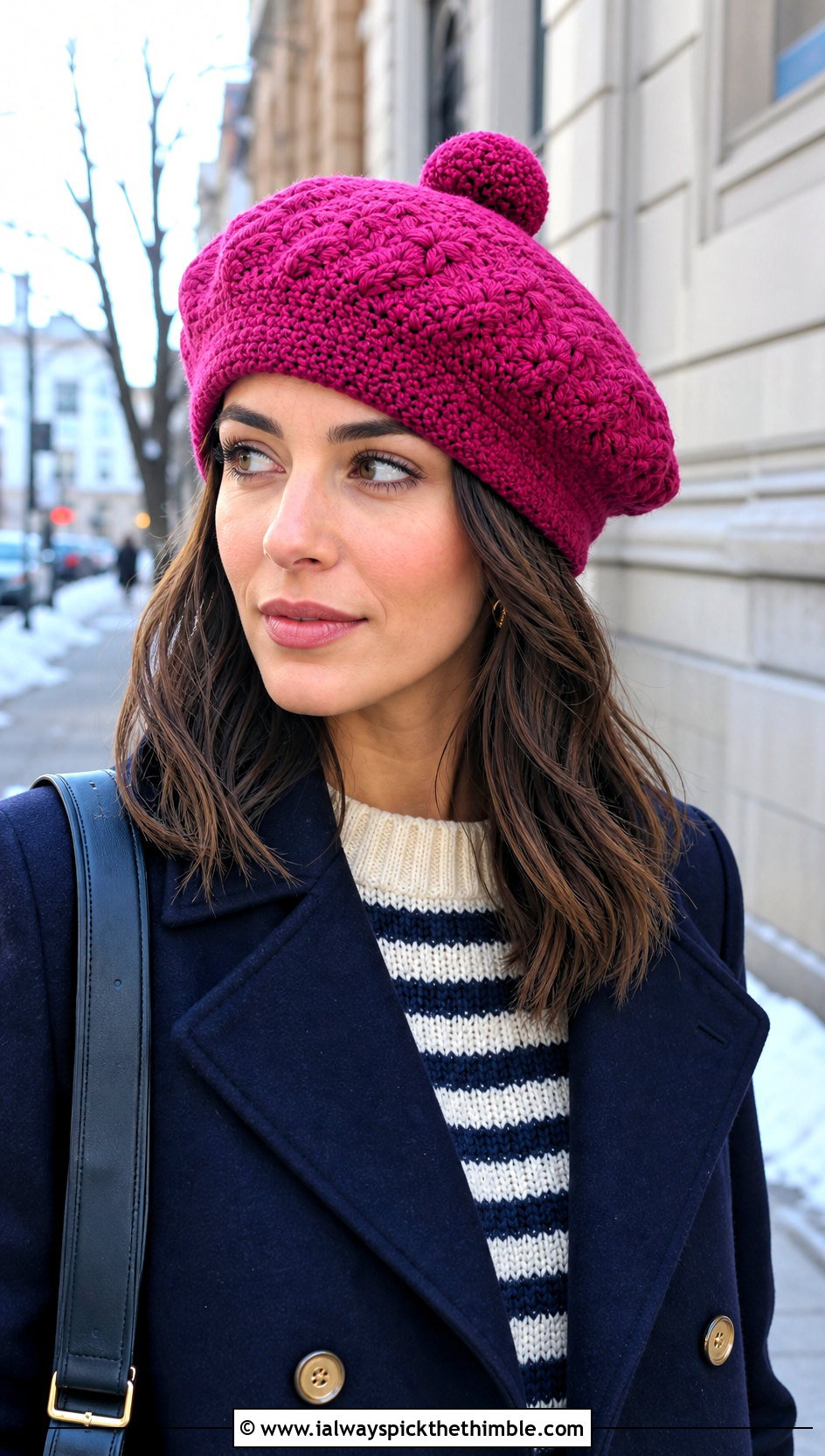 Pom Pom Crochet Beret With Peacoat And Wide Leg Jeans - 15 simple crochet beret outfit ideas