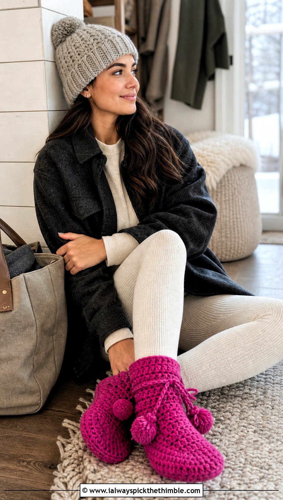 Pom Pom Crochet Booties With Thermal Set And Shacket - 25 crochet slipper outfit ideas