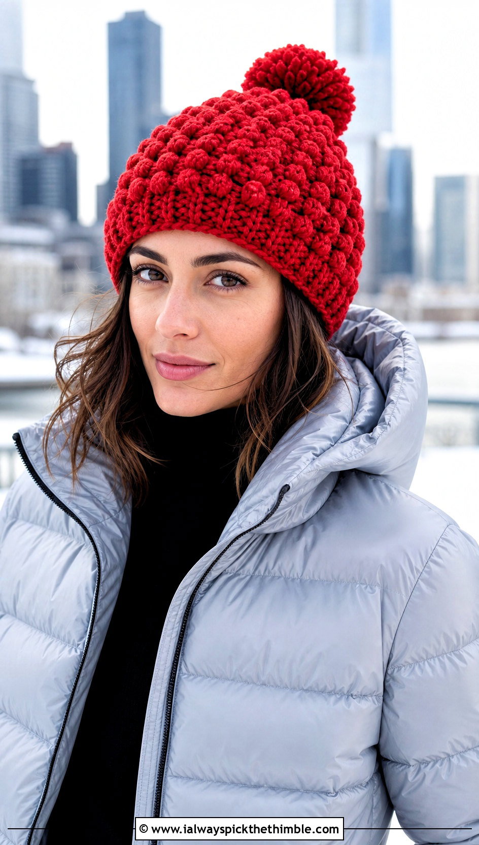 Pom Pom Crochet Bubble Beanie With Puffer Jacket - 20 Crochet Bubble Hat outfit ideas