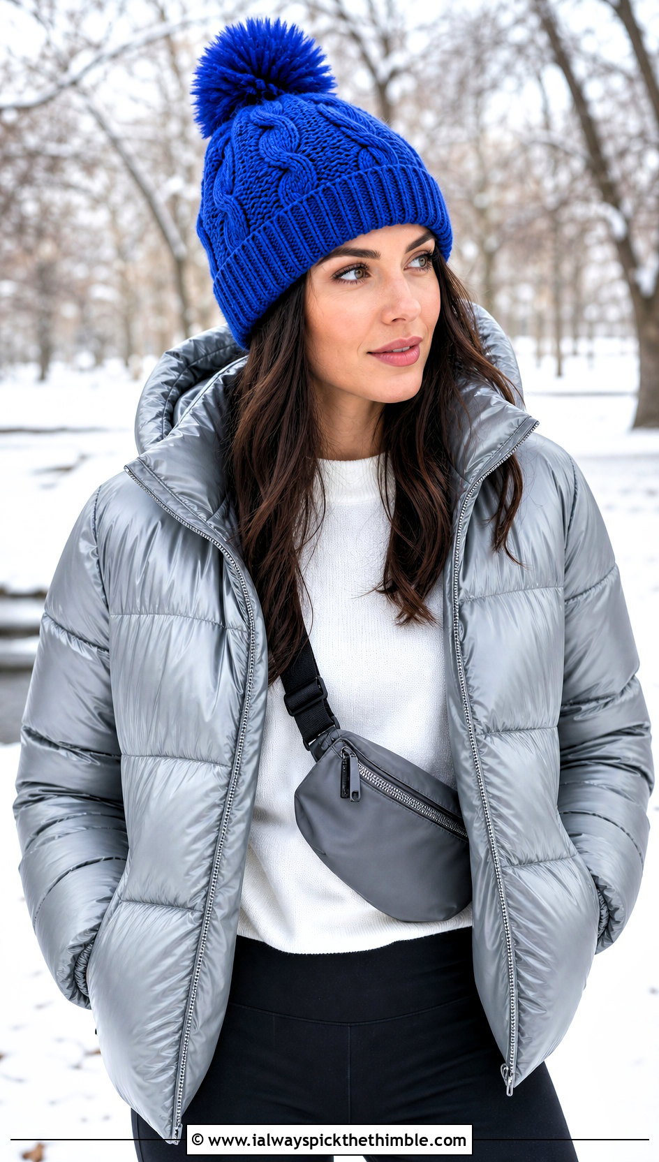 Pom Pom Crochet Cable Beanie With Puffer Jacket And Leggings - 20 crochet cable beanie outfit ideas