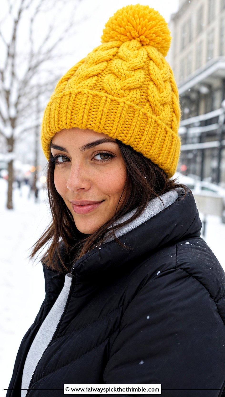 Pom Pom Crochet Cable Hat With Puffer Coat - 25 crochet cable hat outfit ideas