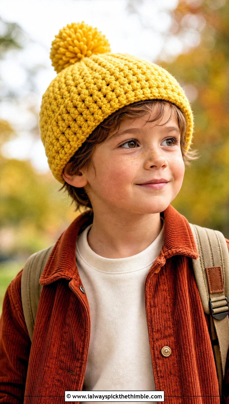 Pom Pom Crochet Childs Hat With Corduroy Jacket - 20 crochet childs hat outfit ideas