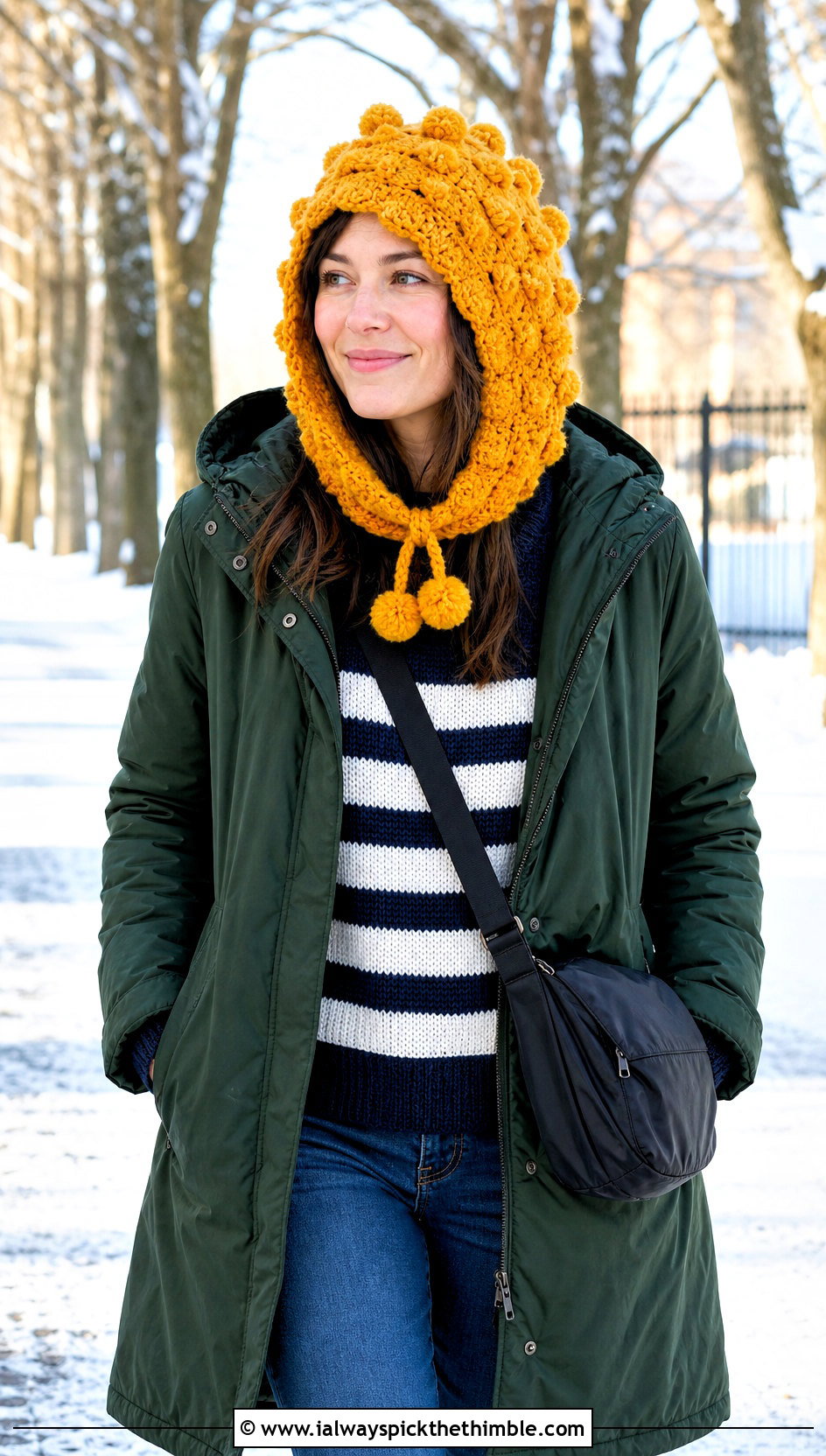 Pom Pom Crochet Cowl Hat With Parka And Straight Jeans - 20 crochet cowl hat outfit ideas