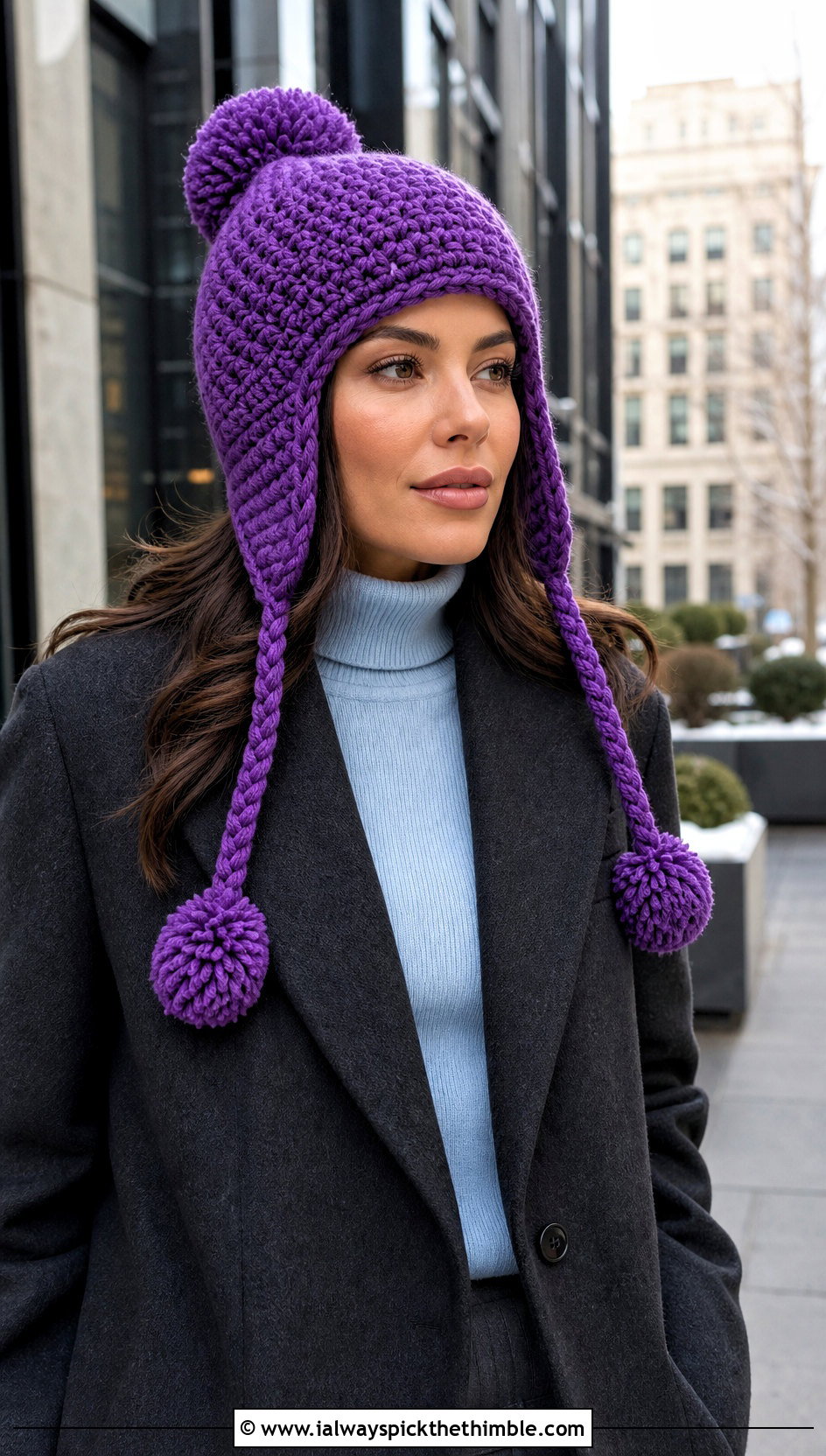 Pom Pom Crochet Ear Flap Hat With Wool Coat - 20 crochet ear flap hat outfit ideas