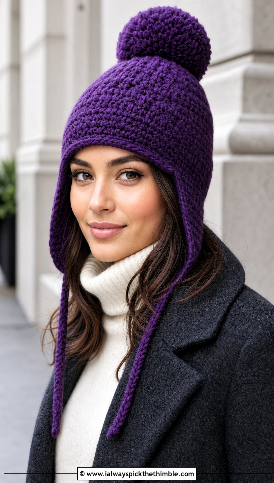 Pom Pom Crochet Ear Flap Hat With Wool Coat - 20 crochet adult ear flap hat outfit ideas