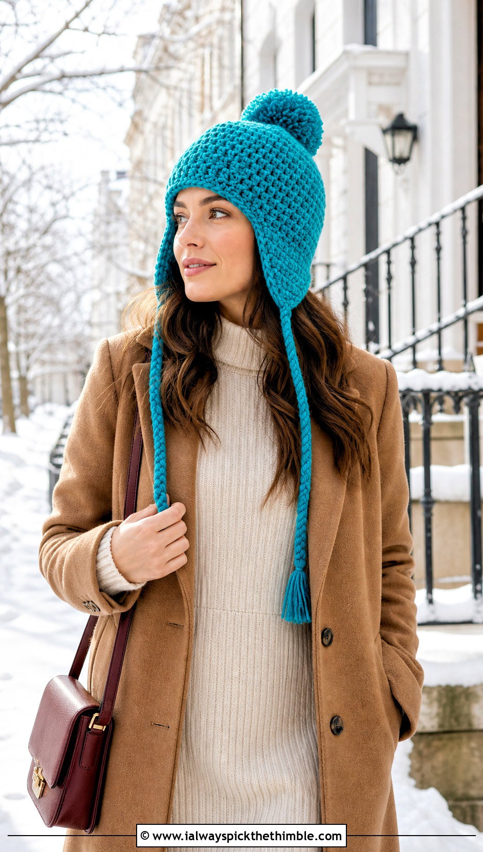 Pom Pom Crochet Earflap Hat With Sweater Dress - 25 crochet earflap hat outfit ideas