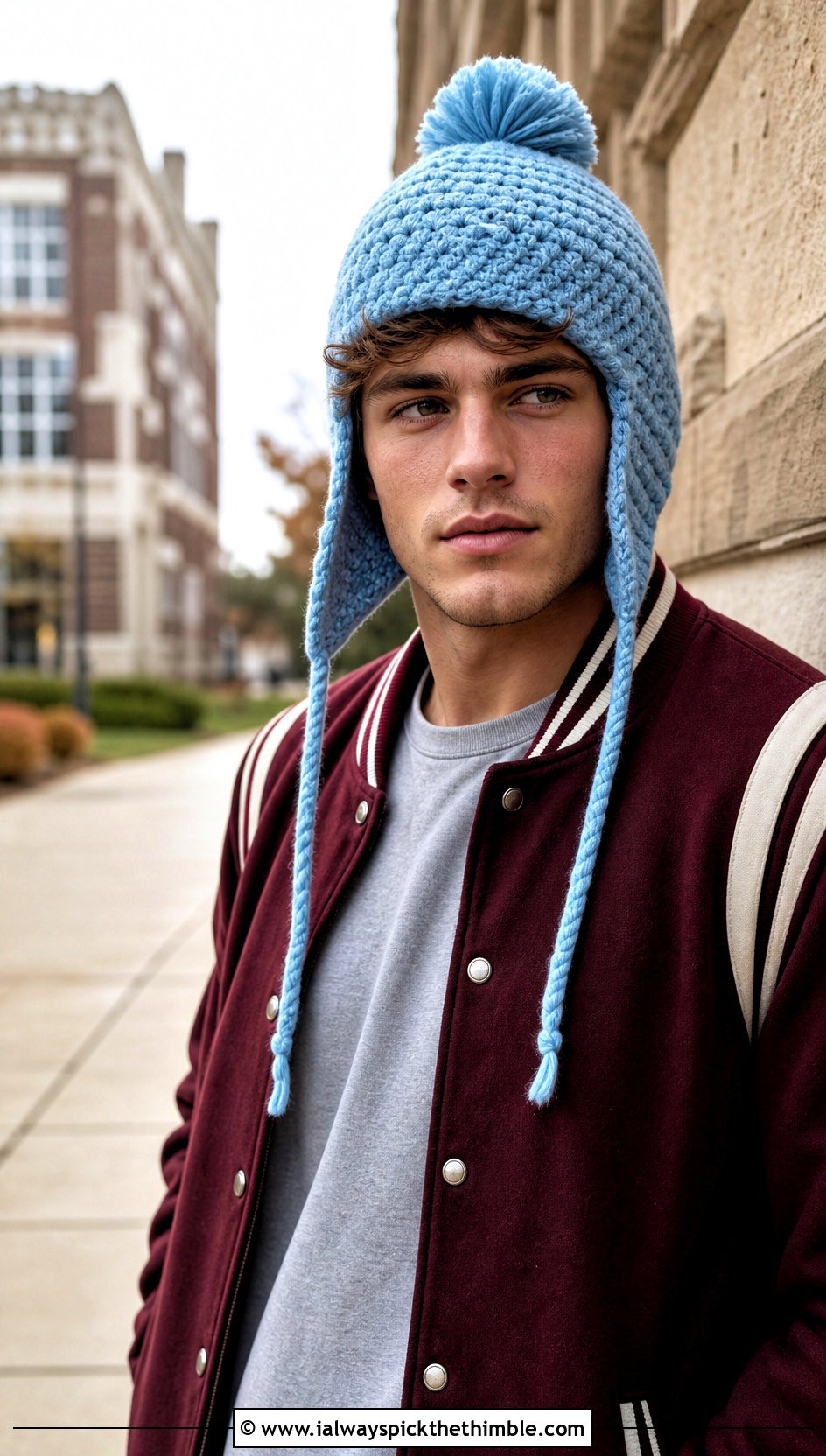 Pom Pom Crochet Earflap Hat With Varsity Jacket - 20 Mens Crochet Earflap Hat outfit ideas
