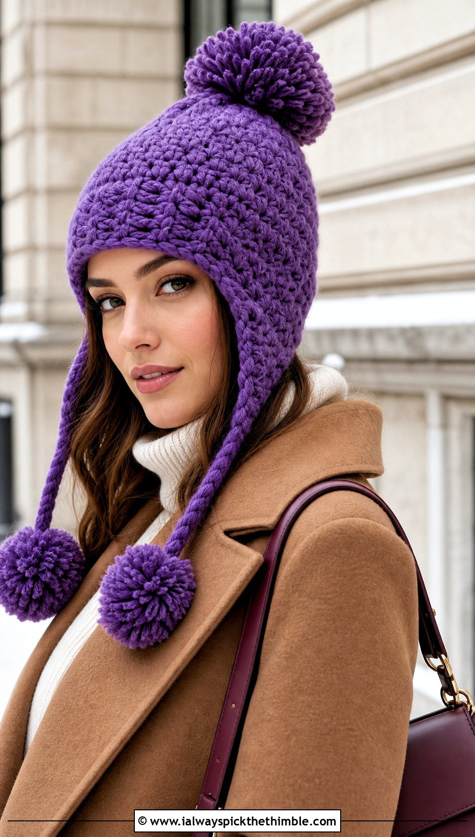 Pom Pom Crochet Earflap Hat With Wool Coat - 20 crochet flap hat outfit ideas