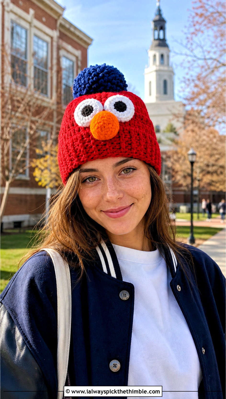 Pom Pom Crochet Elmo Beanie With Varsity Jacket - 15 Crochet Elmo Hat outfit ideas