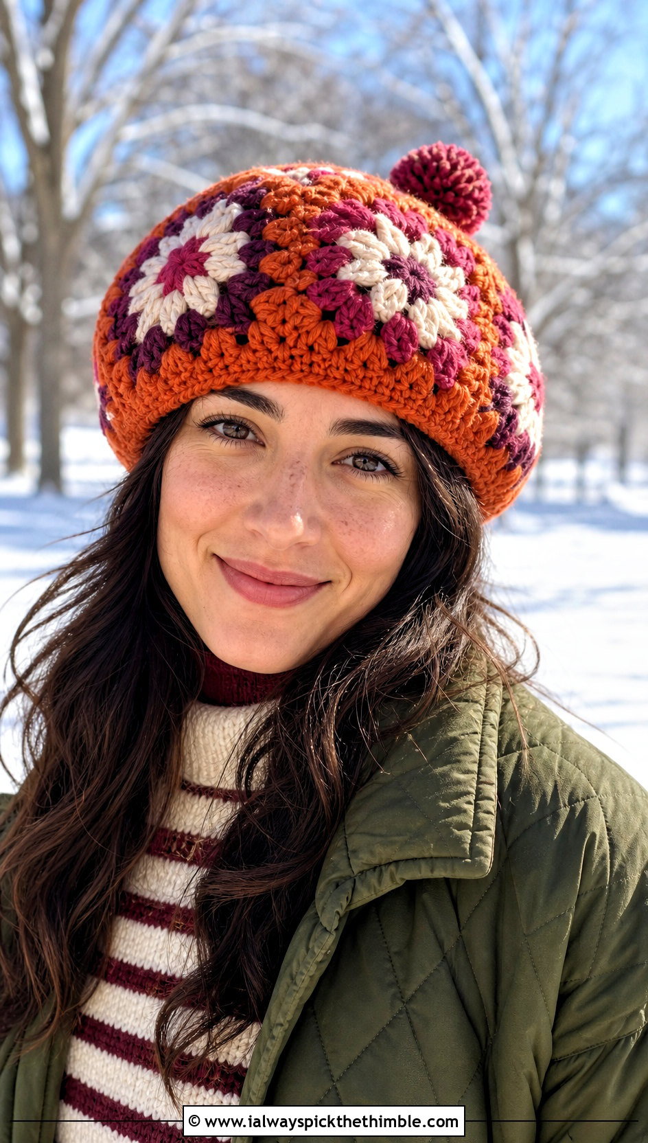 Pom Pom Crochet Granny Square Beret With Quilted Coat - 20 Crochet Granny Square Beret outfit ideas