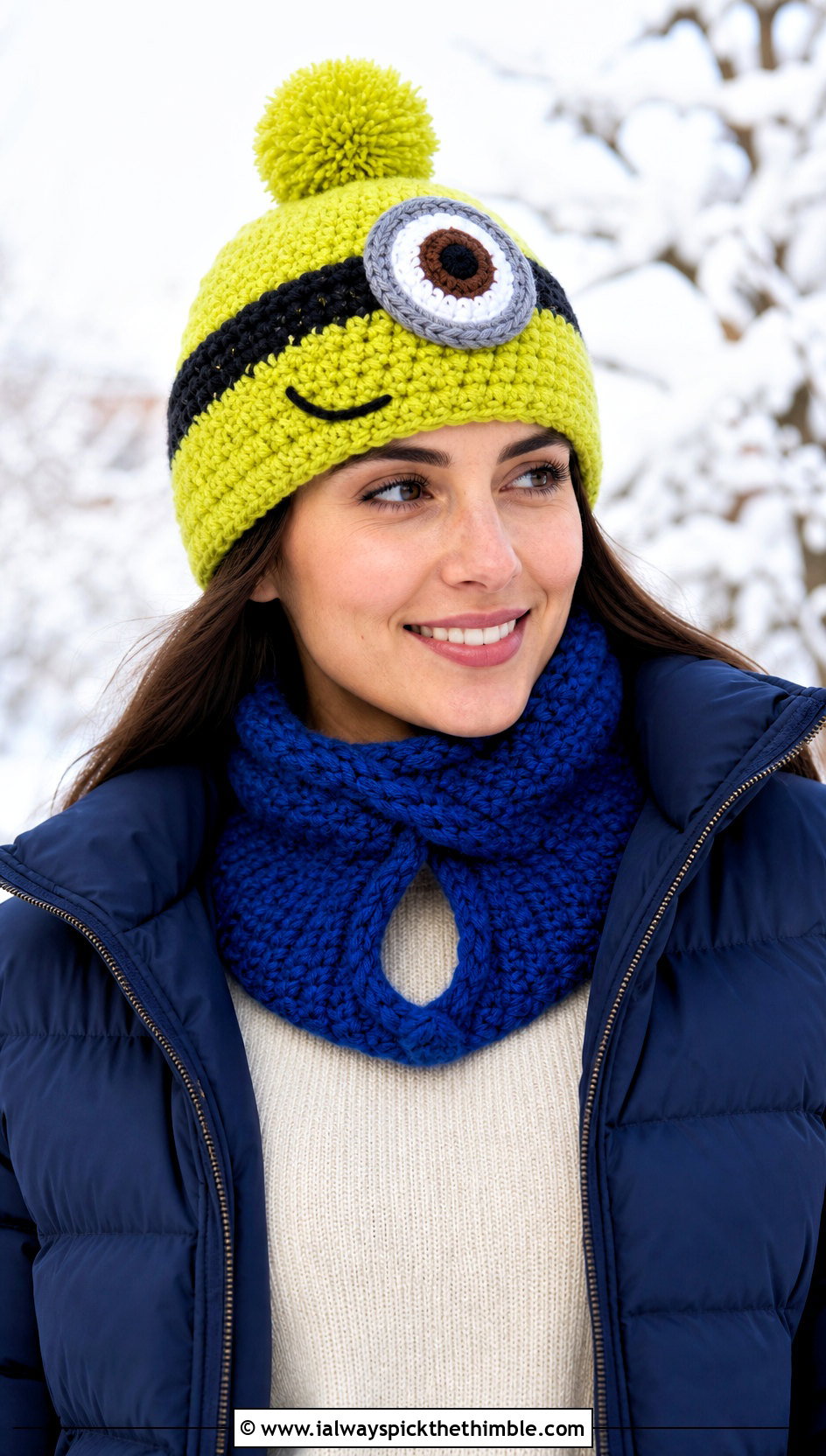 Pom Pom Crochet Hat And Keyhole Scarf With Puffer Coat - 15 minion-themed crochet hat and scarf outfit ideas