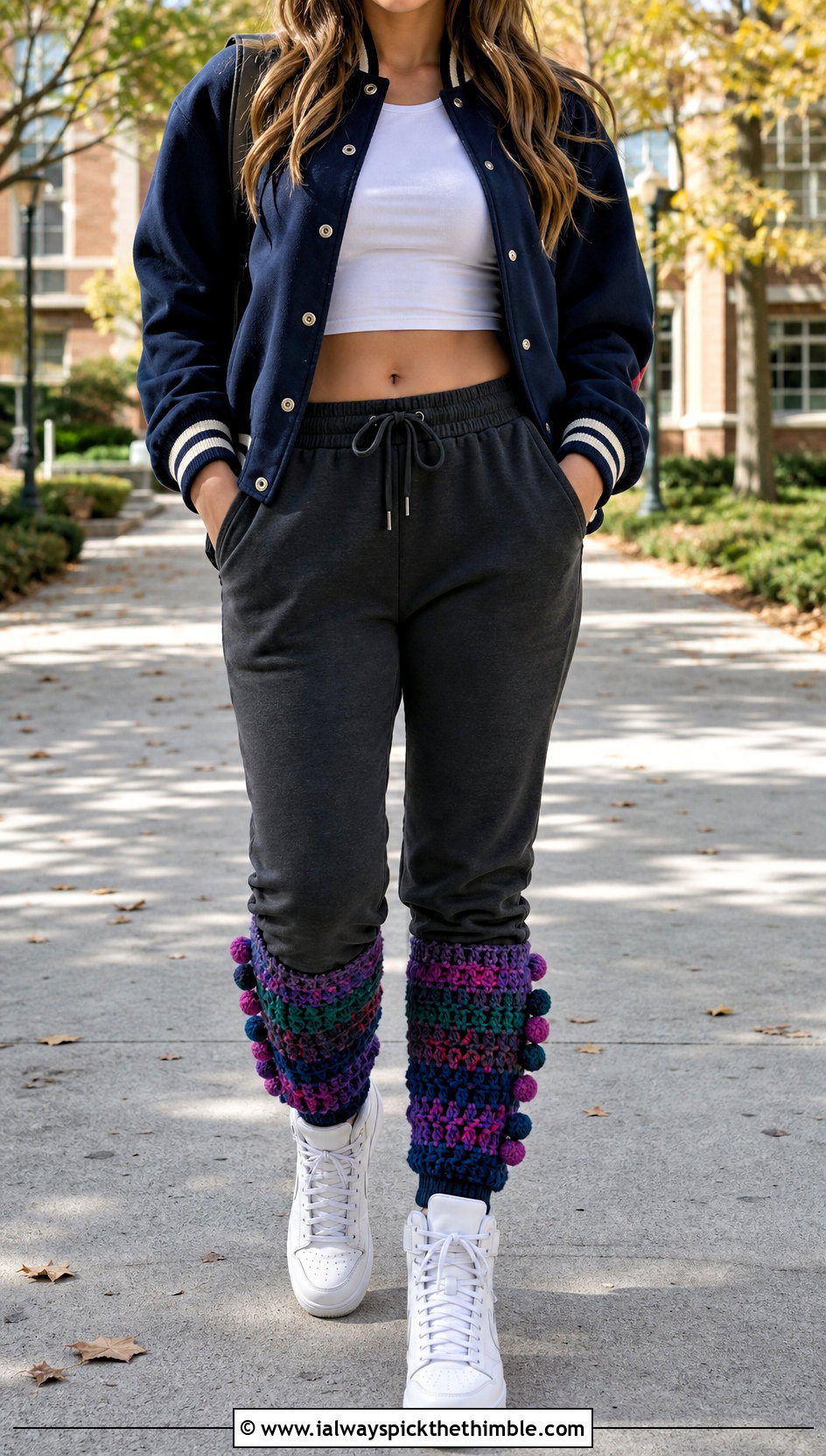 Pom Pom Crochet Leg Warmers With Joggers And Varsity Jacket - 20 cute crochet leg warmers outfit ideas
