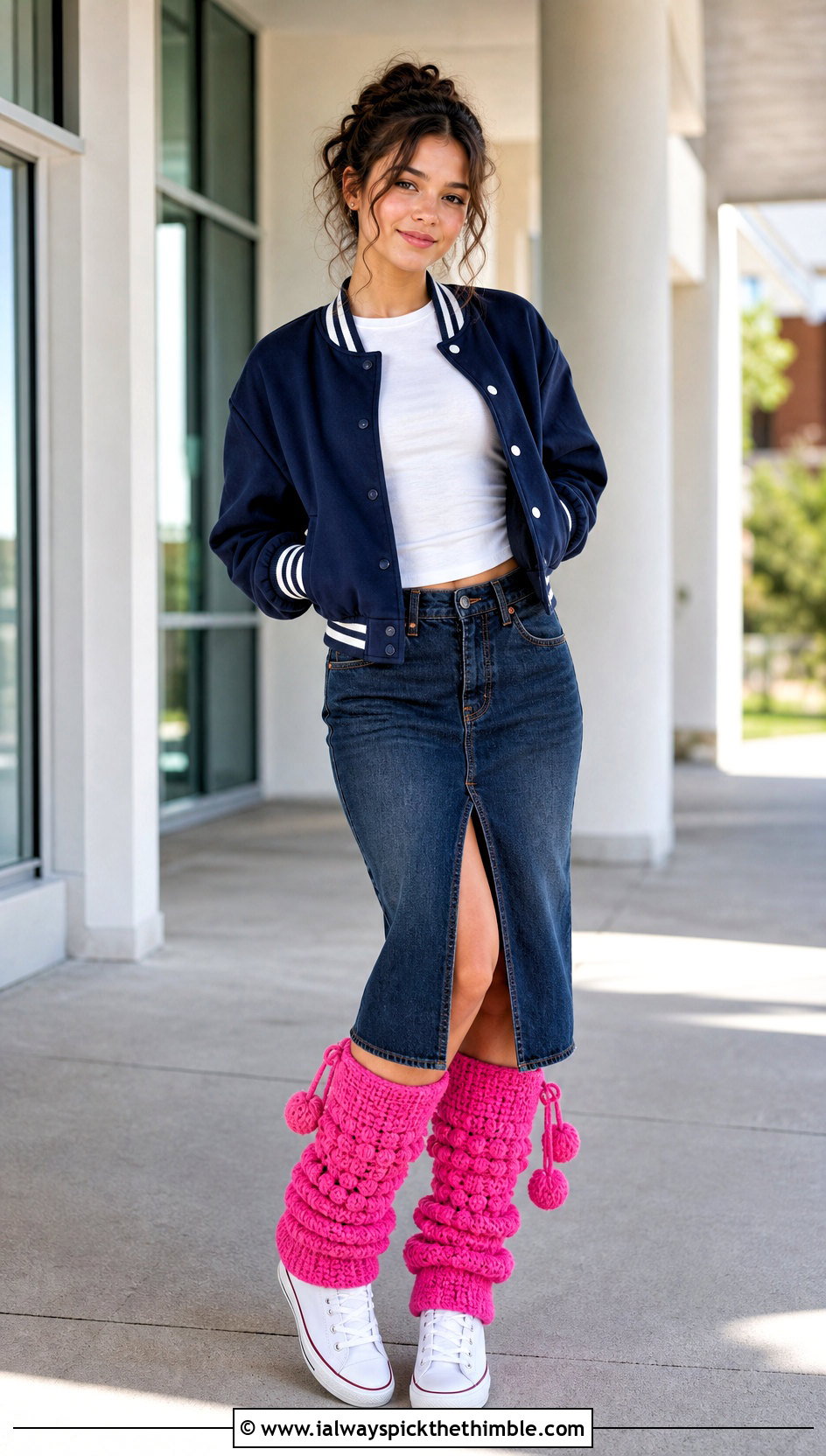 Pom Pom Crochet Legwarmers With Denim Skirt And High Top Sneakers - 25 crochet legwarmers outfit ideas