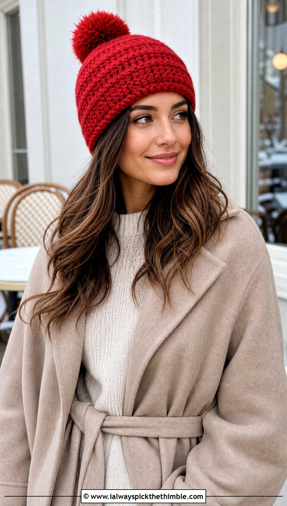 Pom Pom Crochet Rectangle Beanie With Sweater Dress - 20 Crochet Rectangle Hat outfit ideas
