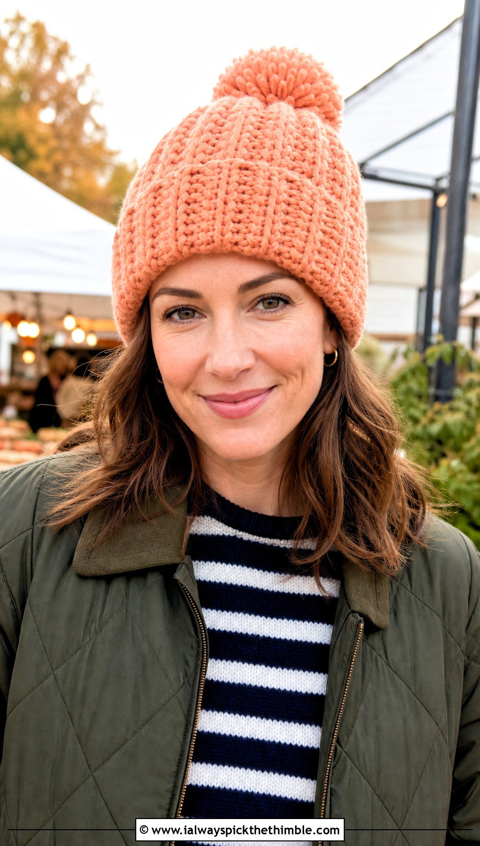 Pom Pom Crochet Ribbed Beanie With Quilted Jacket - 25 crochet ribbed beanie outfit ideas