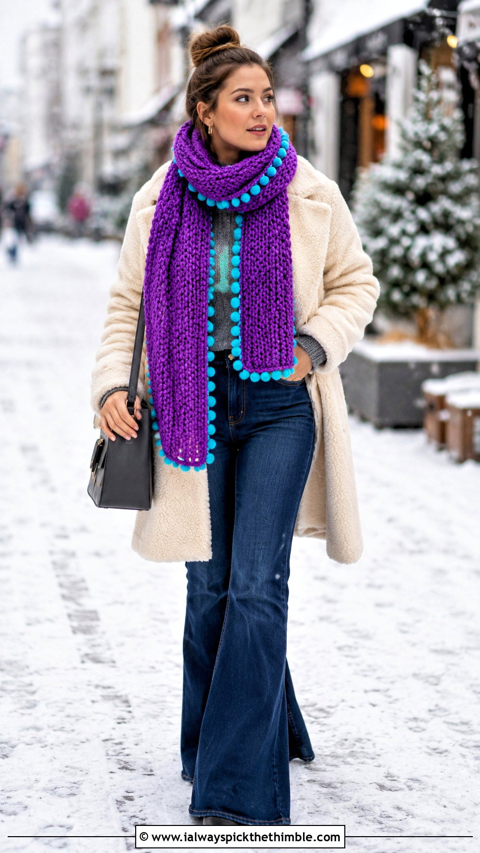 Pom Pom Crochet Scarf With Teddy Coat - 25 crochet winter scarf outfit ideas