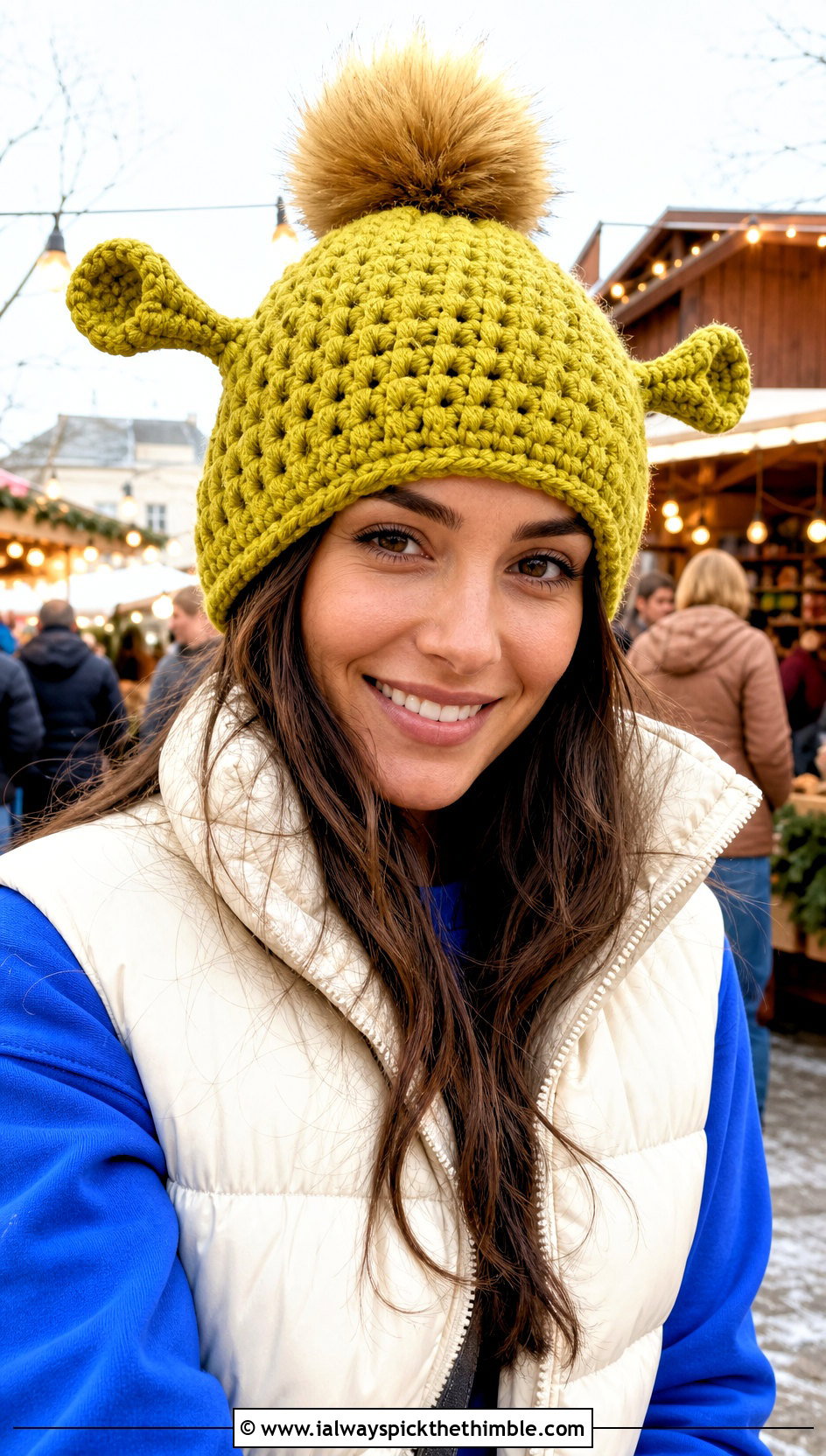 Pom Pom Crochet Shrek Beanie With Puffer Vest - 25 crochet shrek hat outfit ideas