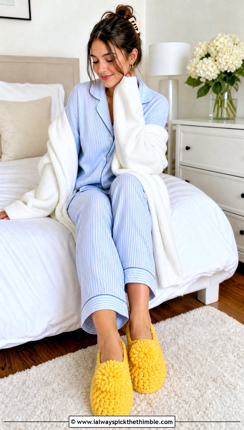 Pom Pom Crochet Slippers With Pajama Set - 15 Women's Crochet Slippers outfit ideas