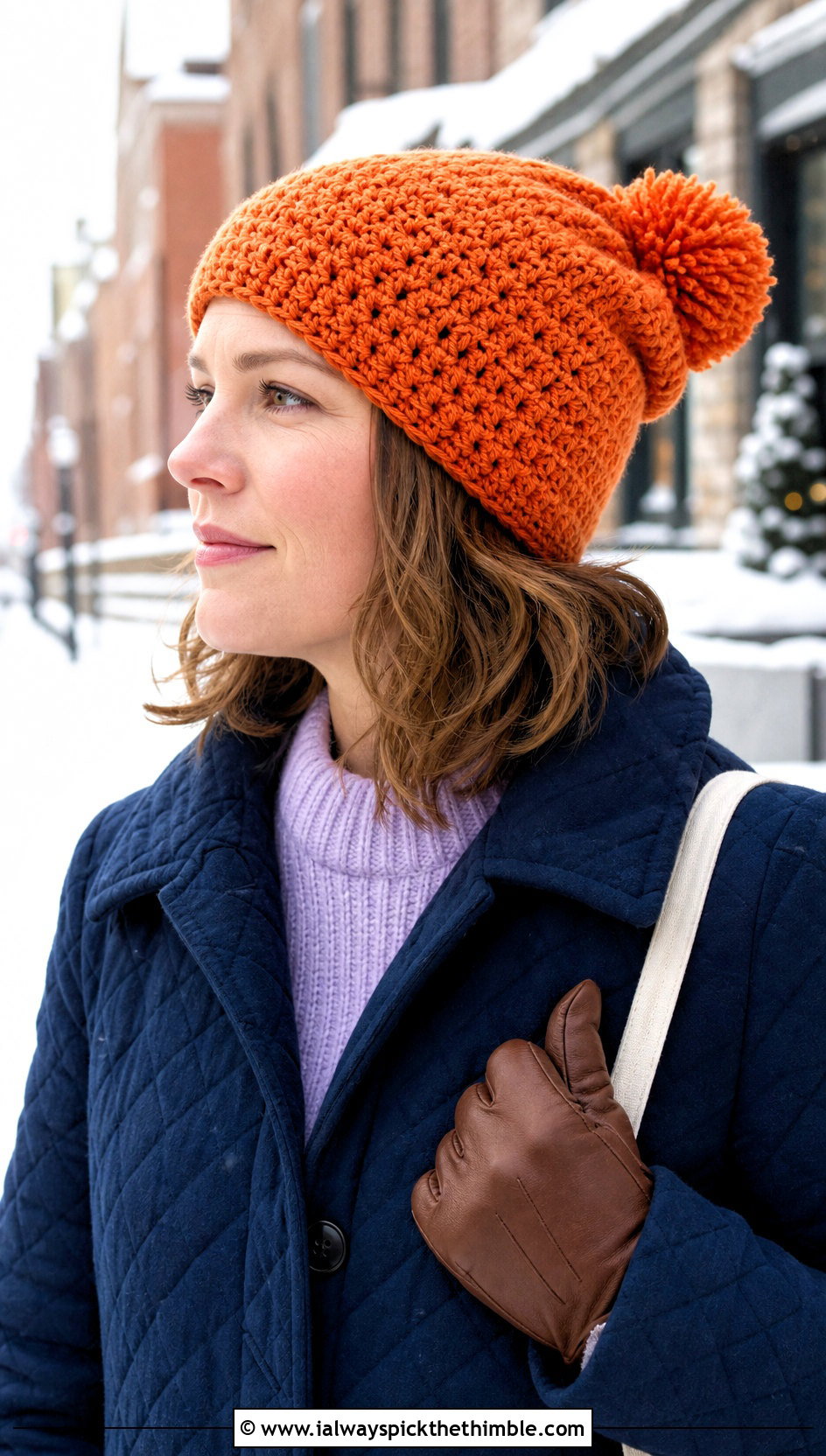 Pom Pom Crochet Slouch Beanie With Quilted Coat - 25 crochet slouch beanie outfit ideas