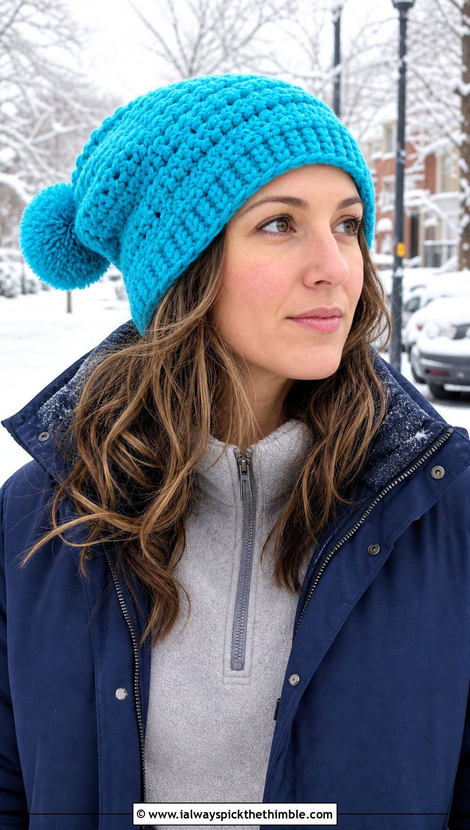 Pom Pom Crochet Slouch Hat With Parka - 20 easy crochet slouch hat outfit ideas