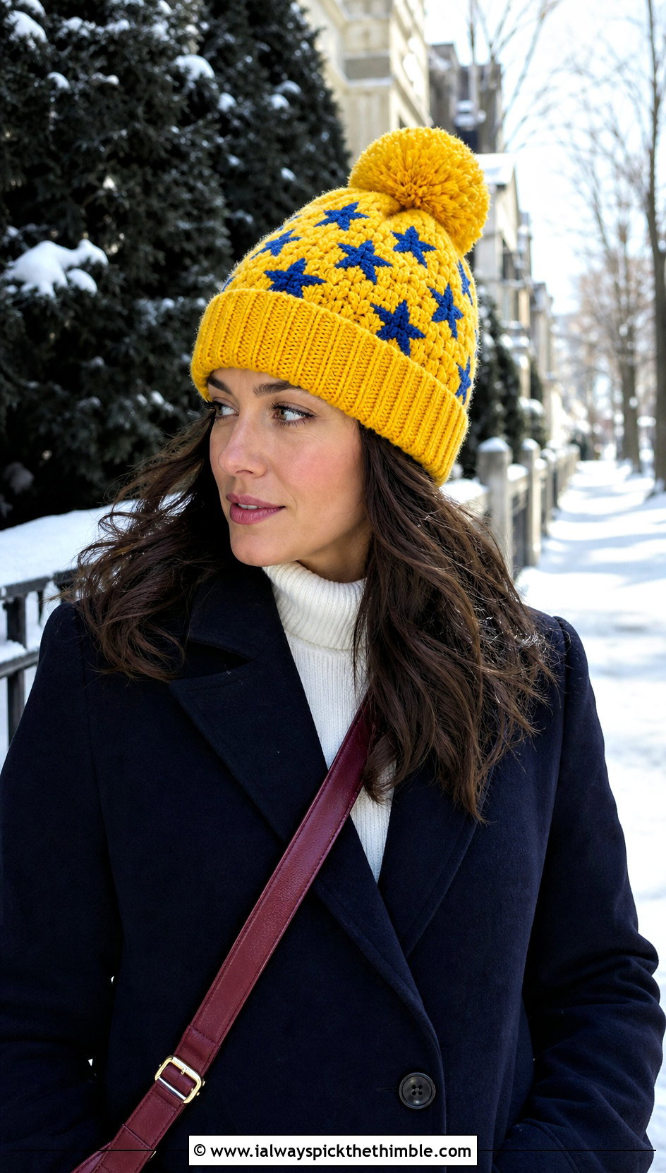 Pom Pom Crochet Star Beanie With Wool Coat - 20 crochet star hat outfit ideas