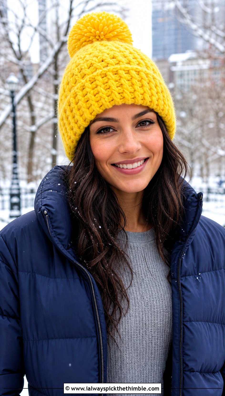 Pom Pom Crochet Stocking Hat With Puffer Jacket - 20 easy crochet stocking hat outfit ideas