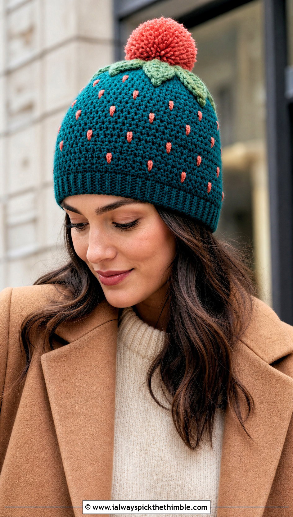 Pom Pom Crochet Strawberry Beanie With Sweater Dress - 20 Crochet Strawberry Beanie outfit ideas
