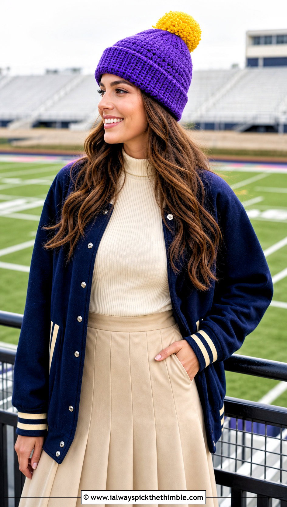 Pom Pom Crochet Team Beanie With Varsity Jacket And Pleated Skirt - 20 Crochet Team Hat outfit ideas
