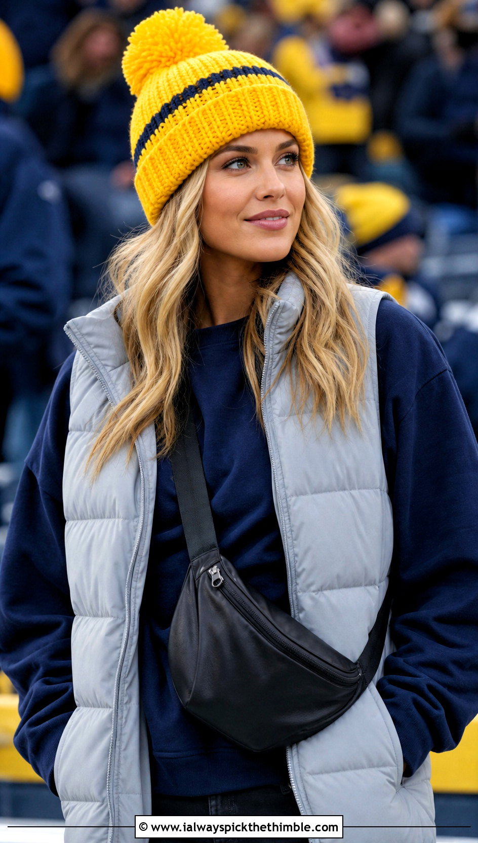 Pom Pom Crochet Team Hat With Puffer Vest - 15 Crochet Football Team Hat outfit ideas