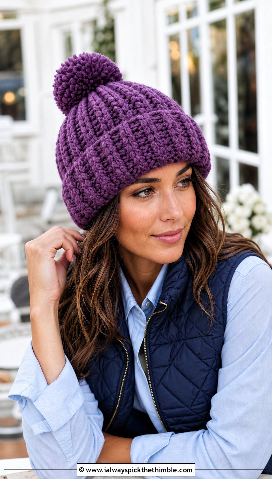 Pom Pom Cuffed Chunky Ribbed Crochet Hat With Quilted Vest - 20 Chunky Ribbed Crochet Hat outfit ideas