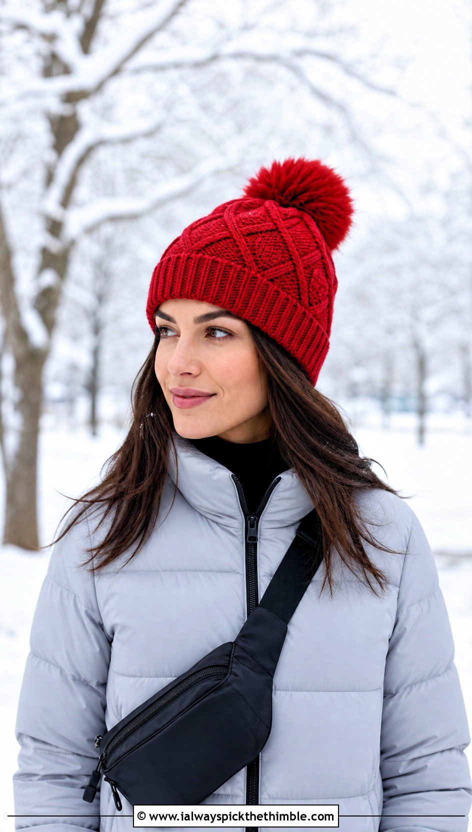 Pom Pom Diamond Cable Stitch Beanie With Puffer Jacket - 20 Crochet Cable Stitch Beanie outfit ideas