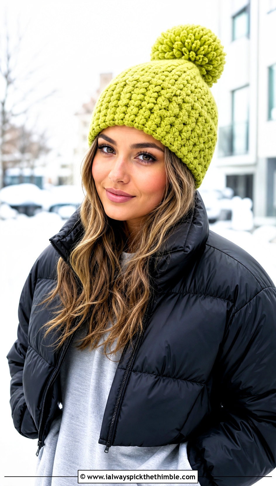 Pom Pom Double Crochet Beanie With Puffer Jacket And Leggings - 25 double crochet beanie outfit ideas