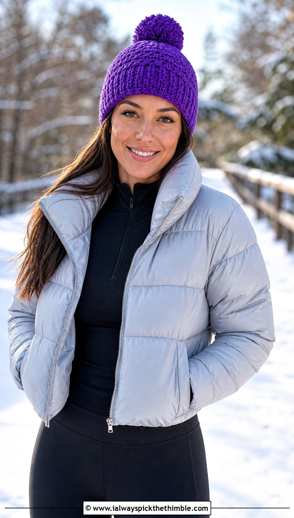 Pom Pom Double Crochet Beanie With Puffer Jacket And Leggings - 20 double crochet hat outfit ideas