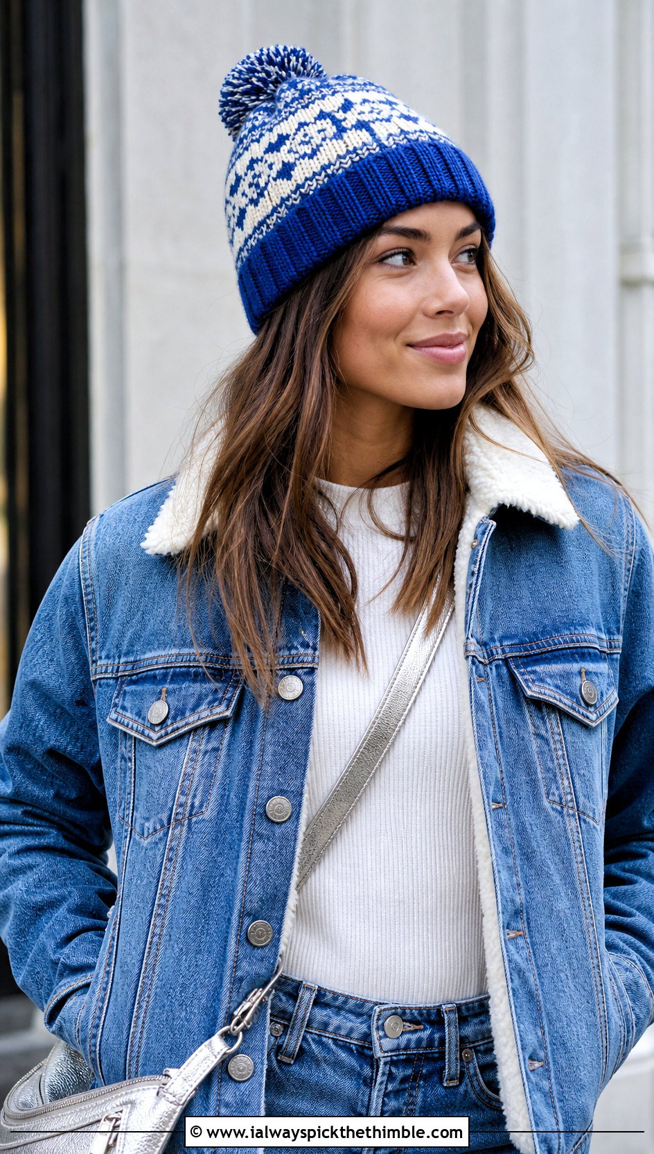 Pom Pom Fair Isle Hat With Denim Jacket And Jeans - 20 Crochet Fair Isle Hat outfit ideas