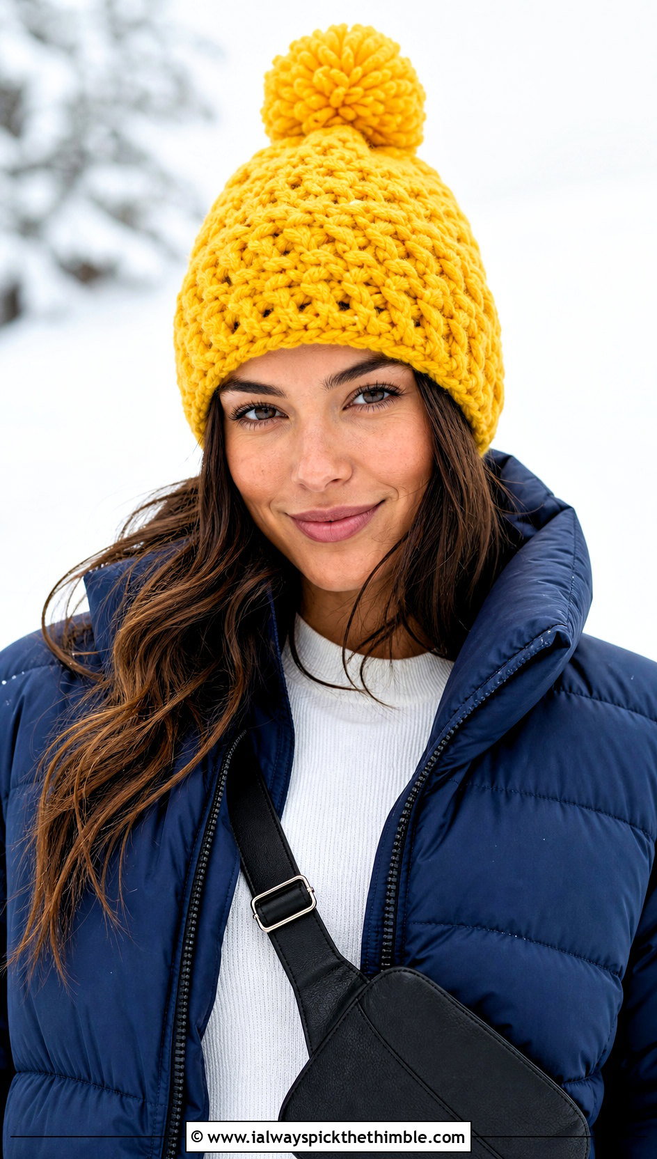 Pom Pom Fluffy Crochet Beanie With Puffer Jacket - 20 fluffy crochet beanie outfit ideas