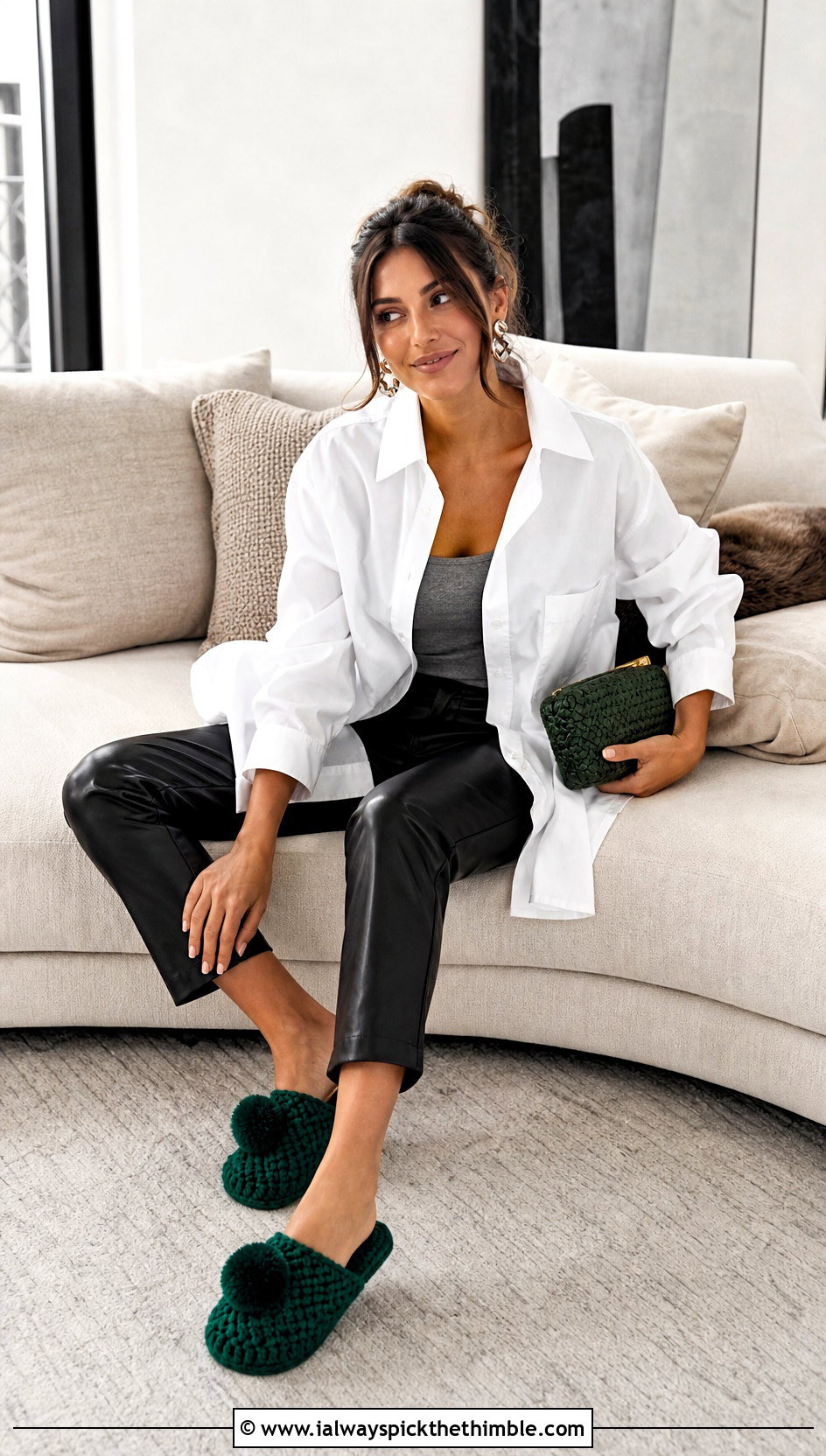 Pom Pom Folded Crochet Slippers With Leather Look Pants - 20 Folded Crochet Slippers outfit ideas
