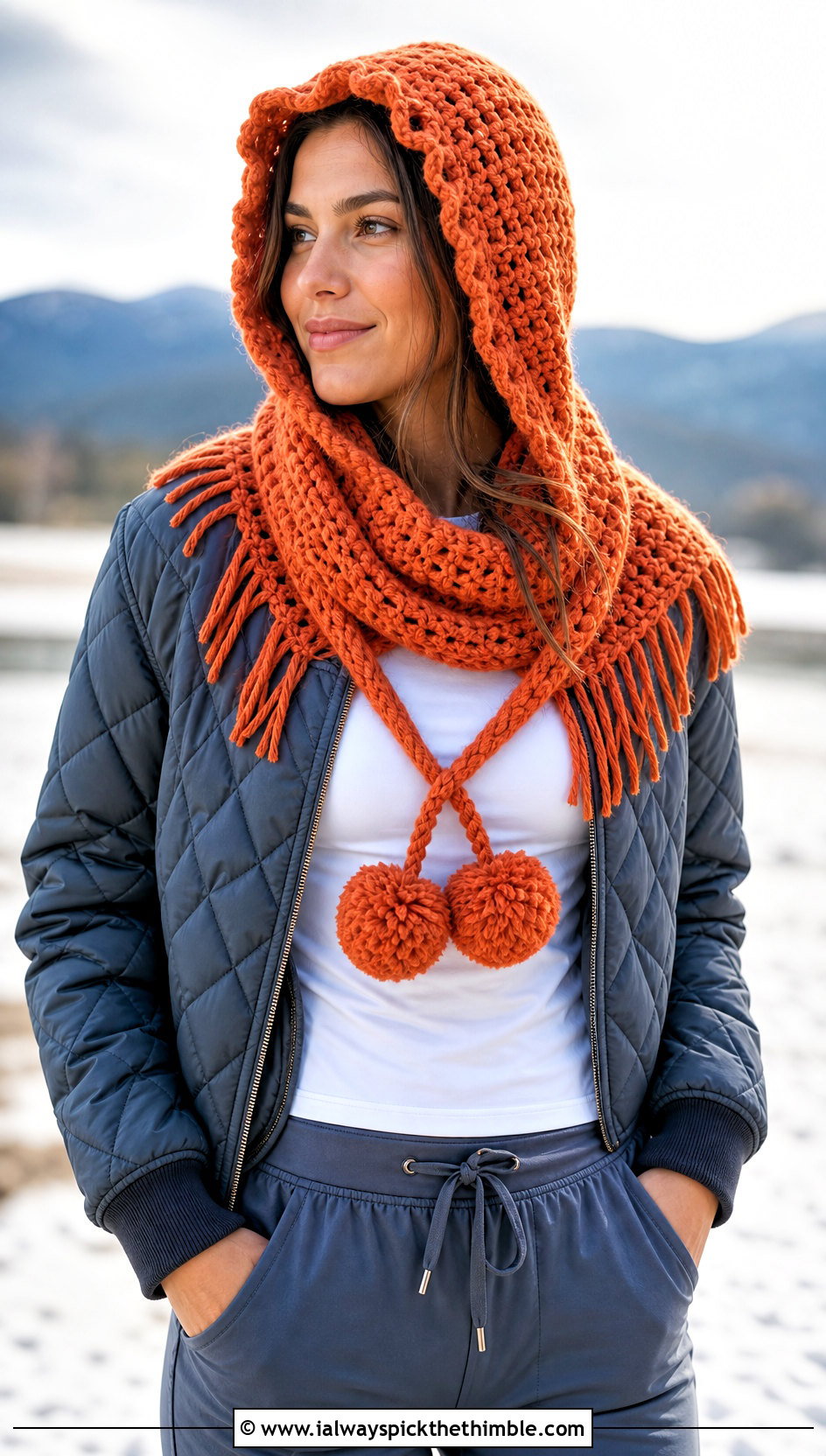 Pom Pom Fringe Hooded Crochet Scarf With Joggers - 20 Crochet Scarf Fringe Ideas