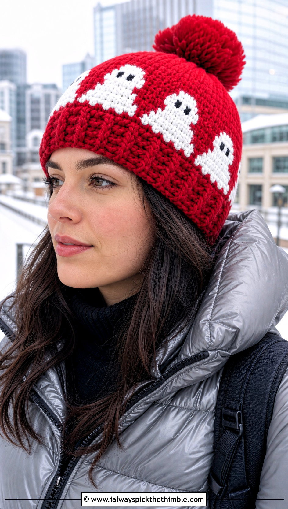 Pom Pom Ghost Crochet Beanie With Puffer Jacket - 20 Ghost Crochet Hat outfit ideas