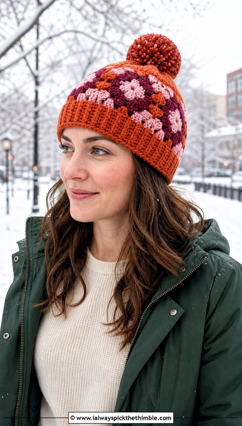 Pom Pom Granny Square Beanie With Parka - 25 crochet granny square beanie outfit ideas