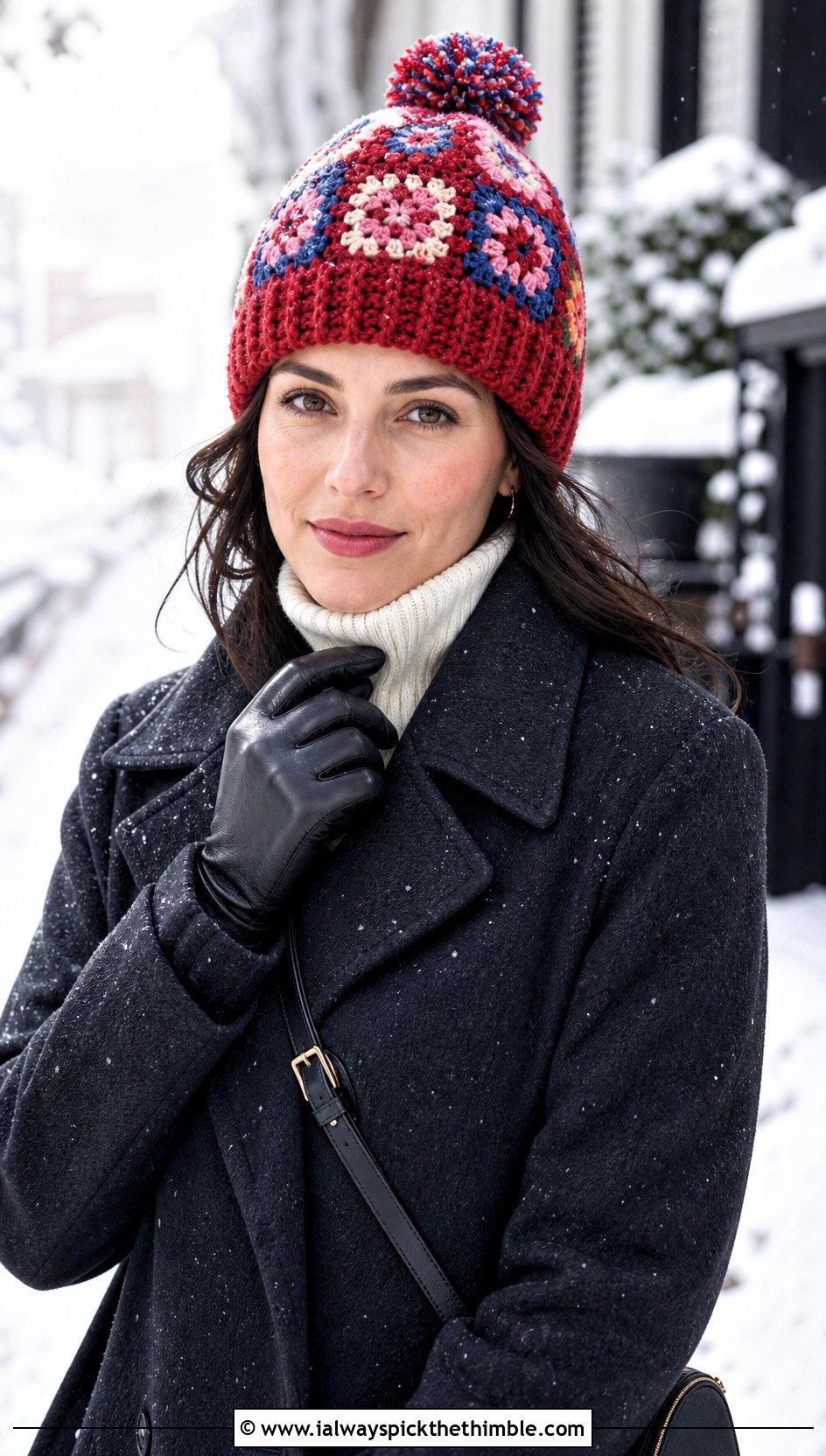 Pom Pom Granny Square Beanie With Wool Coat - 25 granny square hat outfit ideas
