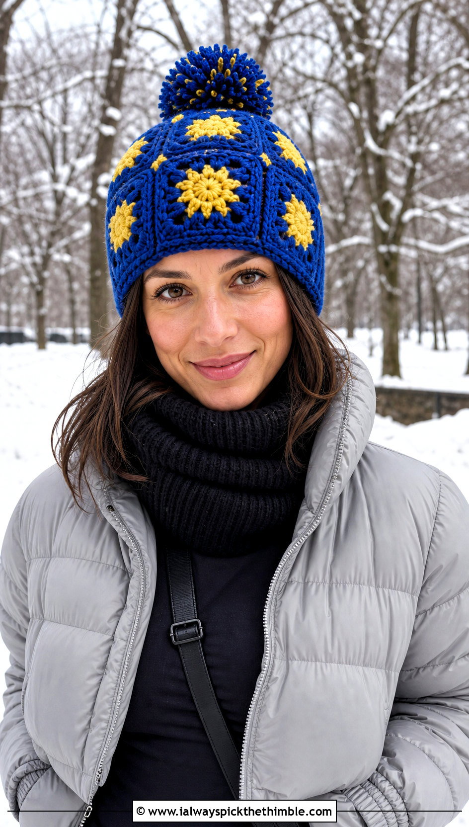 Pom Pom Granny Square Crochet Beanie With Puffer Jacket - 20 granny square crochet beanie outfit ideas